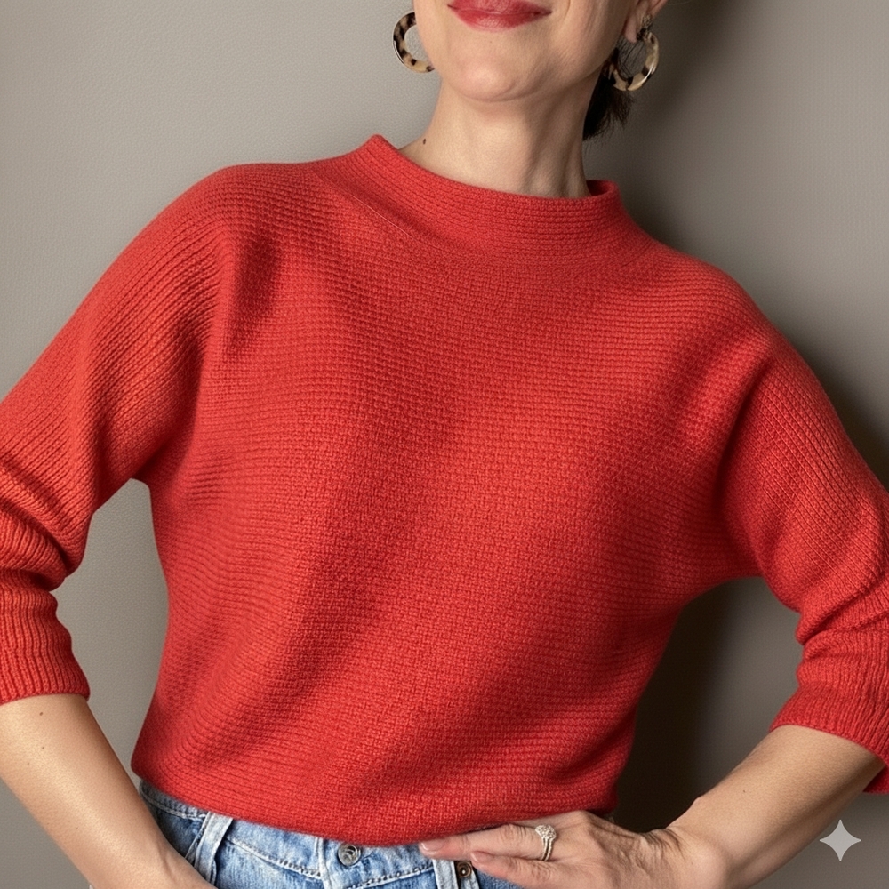 Lands' End Coral Red Orange Funnelneck Sweater Shrug Shaker Knit Textured Medium